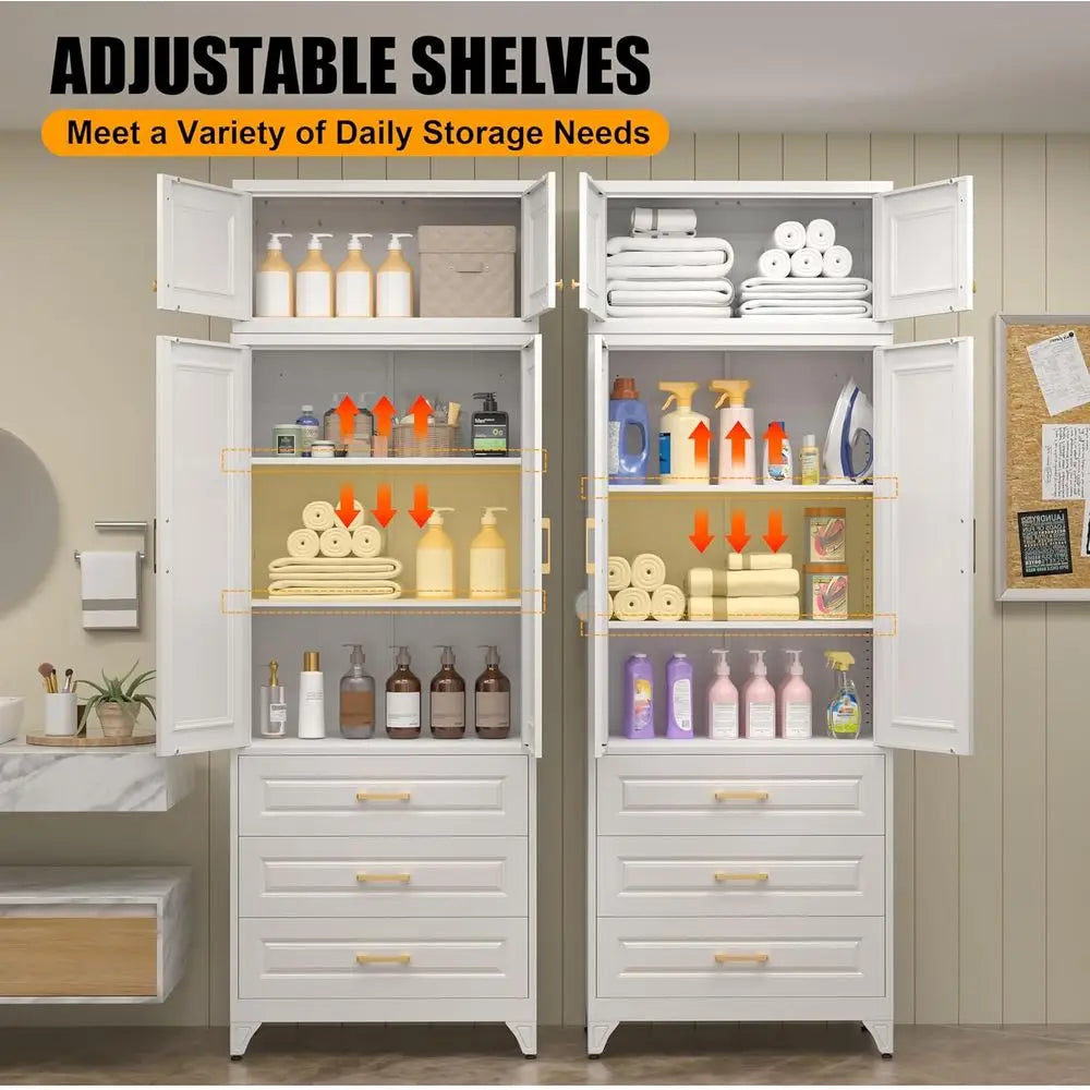 90" Tall Metal Pantry Cabinet with Doors, Shelves & Drawers – White