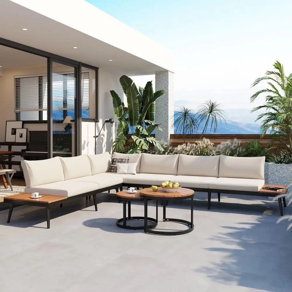 Outdoor Sectional Sofa Set with round Nesting Coffee Tables and Cushions,6Piece Patio Furniture Set for Porch,Garden,Poolside A