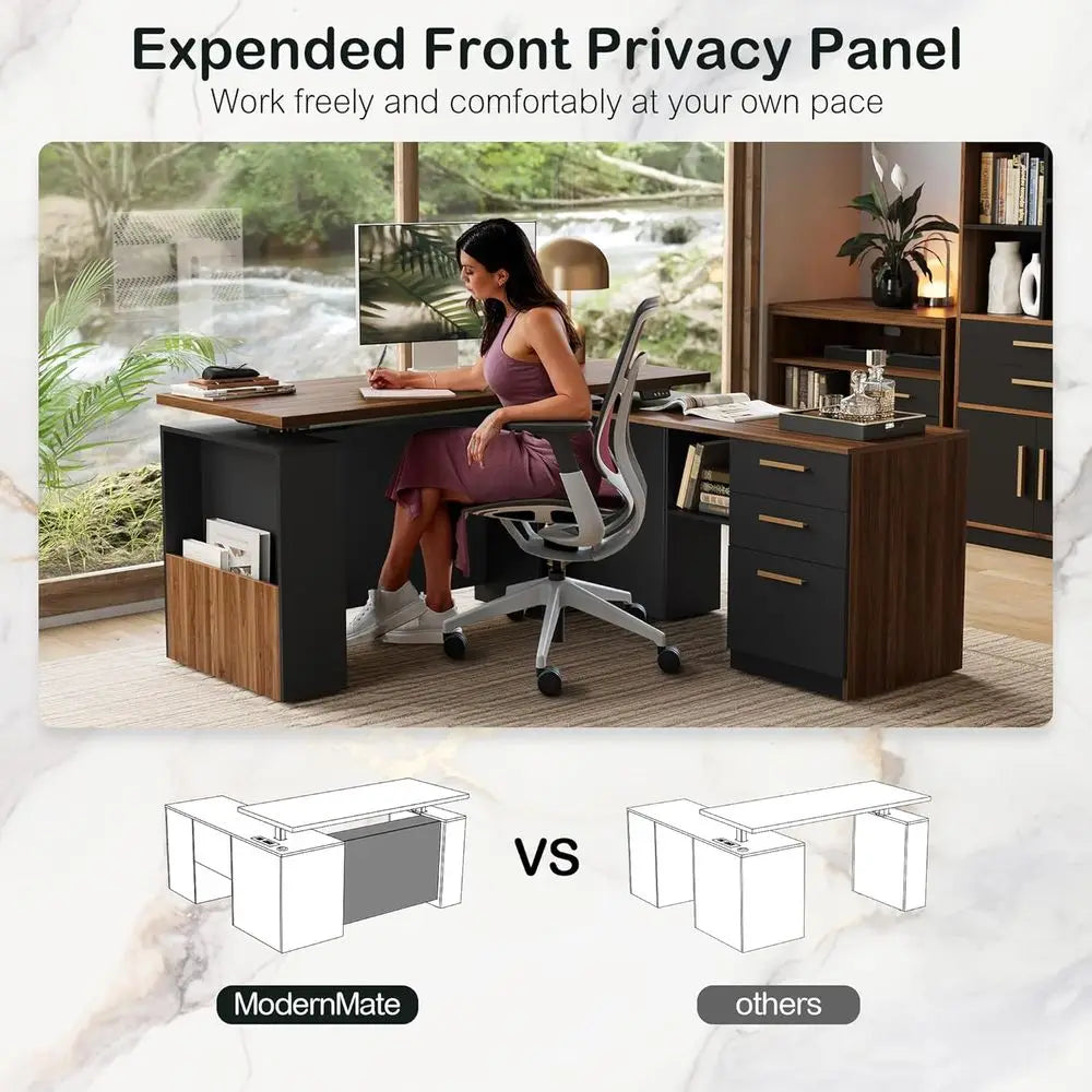 63" L-Shaped Electric Standing Desk with Cabinet, Drawers & Power Outlets – Black Walnut