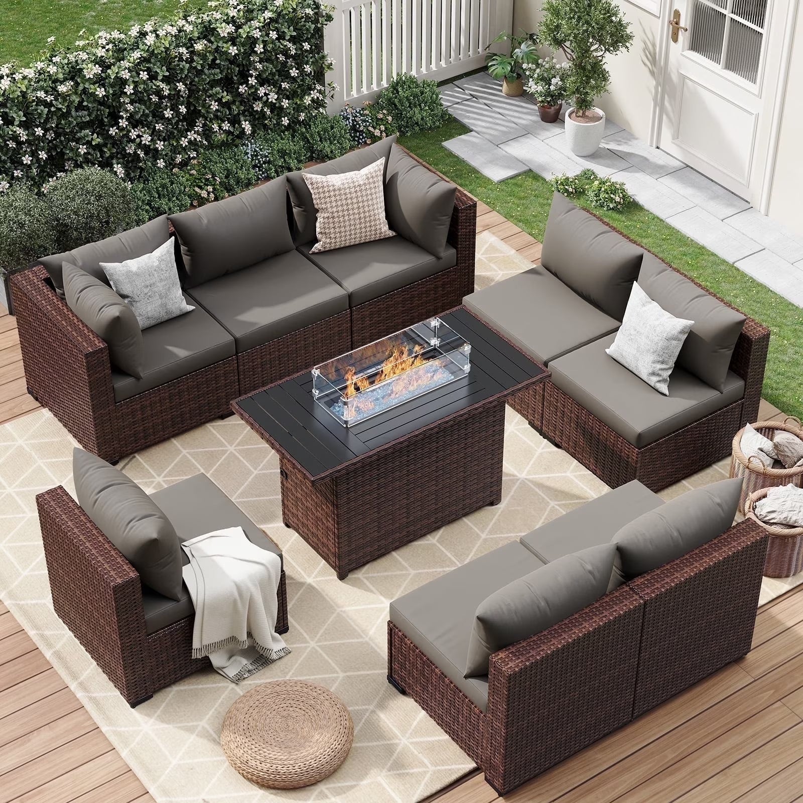 7 Pieces Patio Furniture Set All Weather Outdoor Sectional Sofa, Outdoor Modern Sectional Furniture Wicker Couch with Glass Coffee Table, Thicken Navy Blue Cushions, Water Resistant