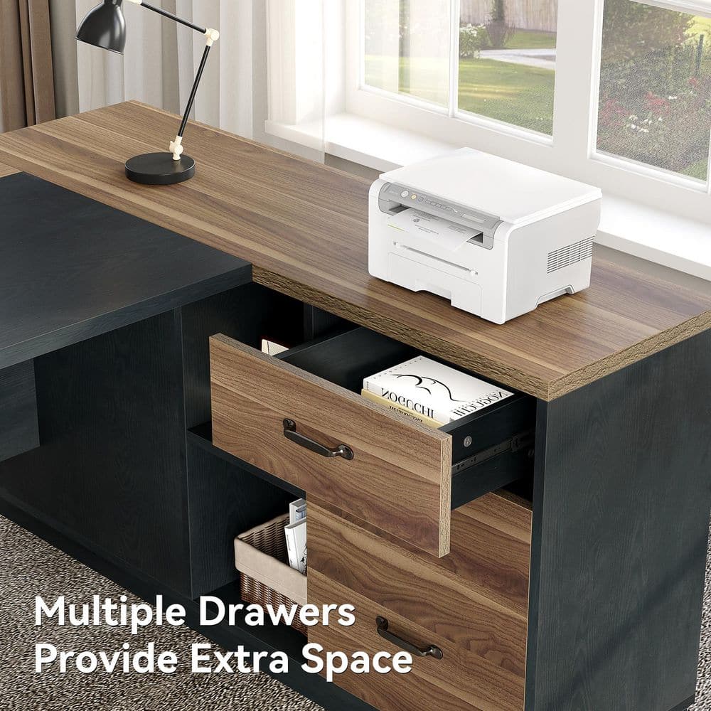 Capen 78.7 In. L Shape Brown and White Wood 2-Drawer Executive Desk Modern Computer Desk with Lateral File Cabinet