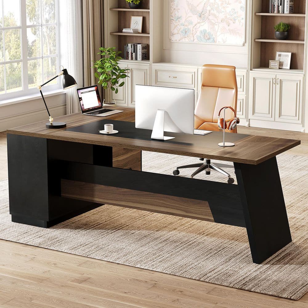 Capen 78.7 In. L Shape Brown and White Wood 2-Drawer Executive Desk Modern Computer Desk with Lateral File Cabinet