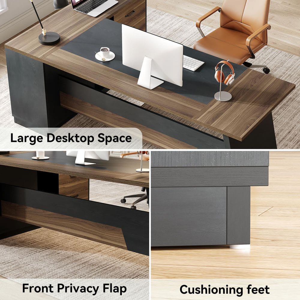 Capen 78.7 In. L Shape Brown and White Wood 2-Drawer Executive Desk Modern Computer Desk with Lateral File Cabinet