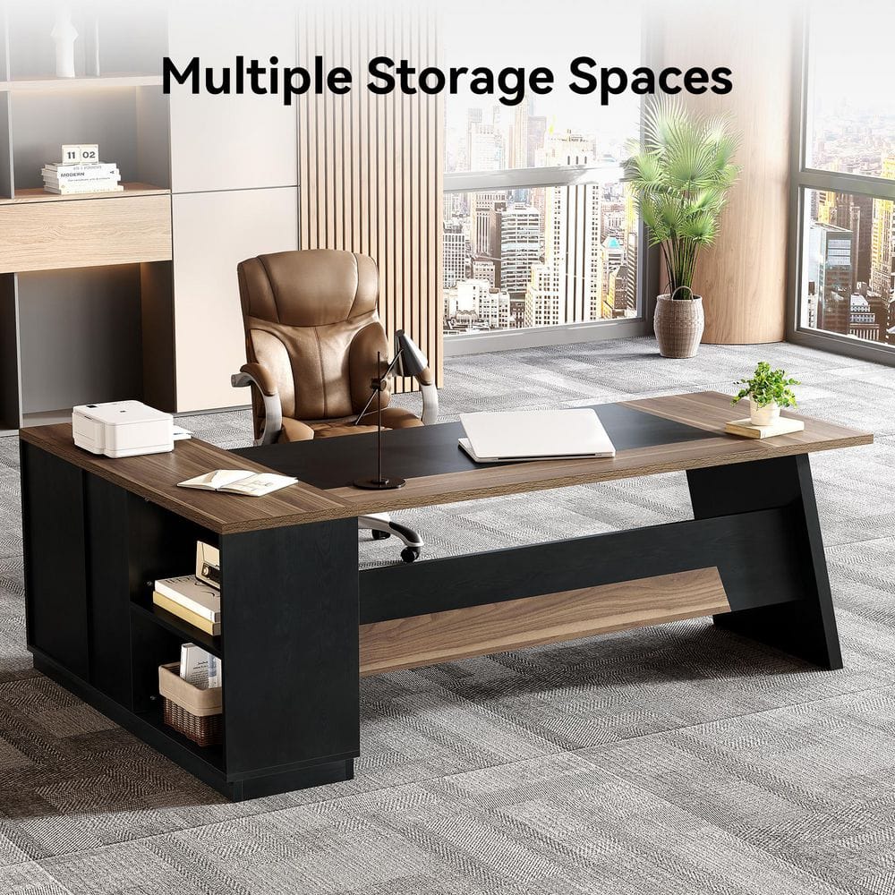 Capen 78.7 In. L Shape Brown and White Wood 2-Drawer Executive Desk Modern Computer Desk with Lateral File Cabinet