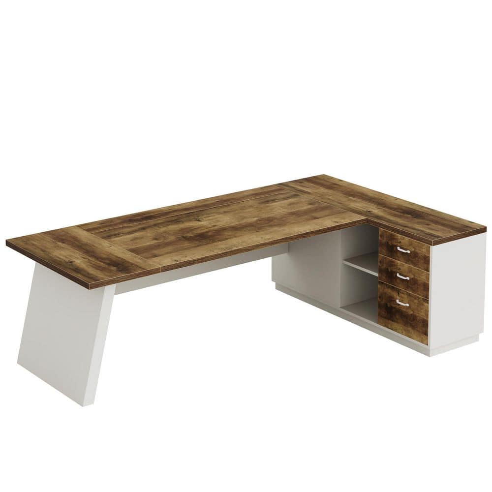 Capen 78.7 In. L Shape Brown and White Wood 2-Drawer Executive Desk Modern Computer Desk with Lateral File Cabinet