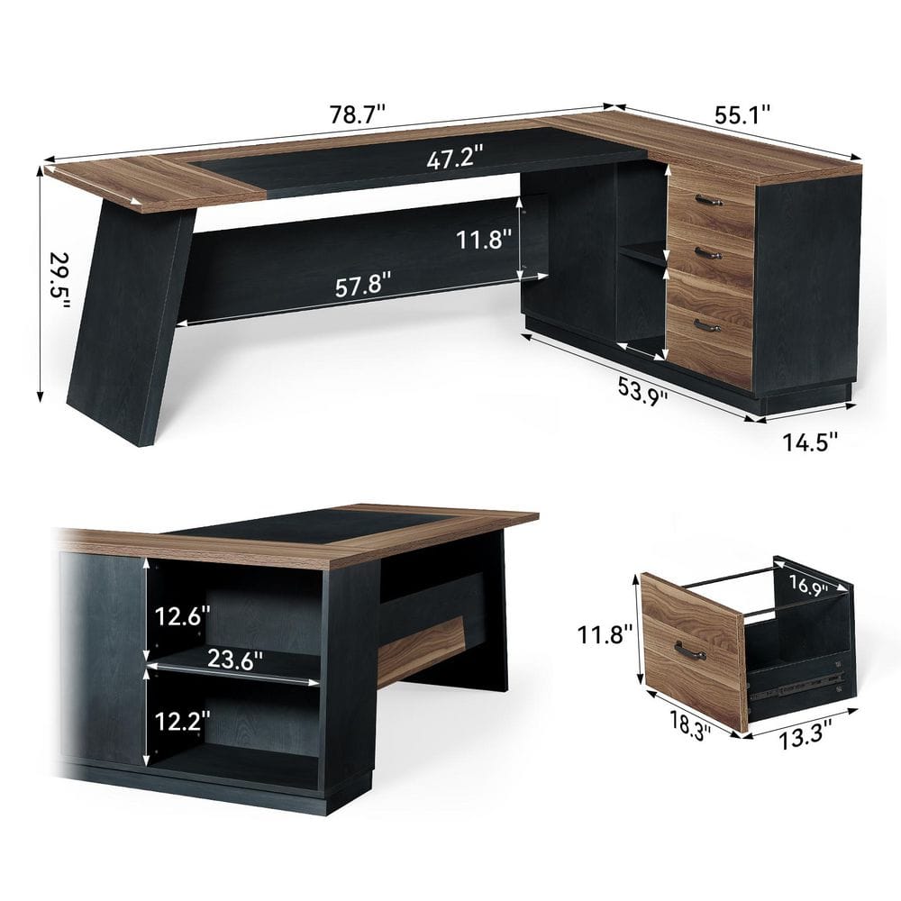 Capen 78.7 In. L Shape Brown and White Wood 2-Drawer Executive Desk Modern Computer Desk with Lateral File Cabinet