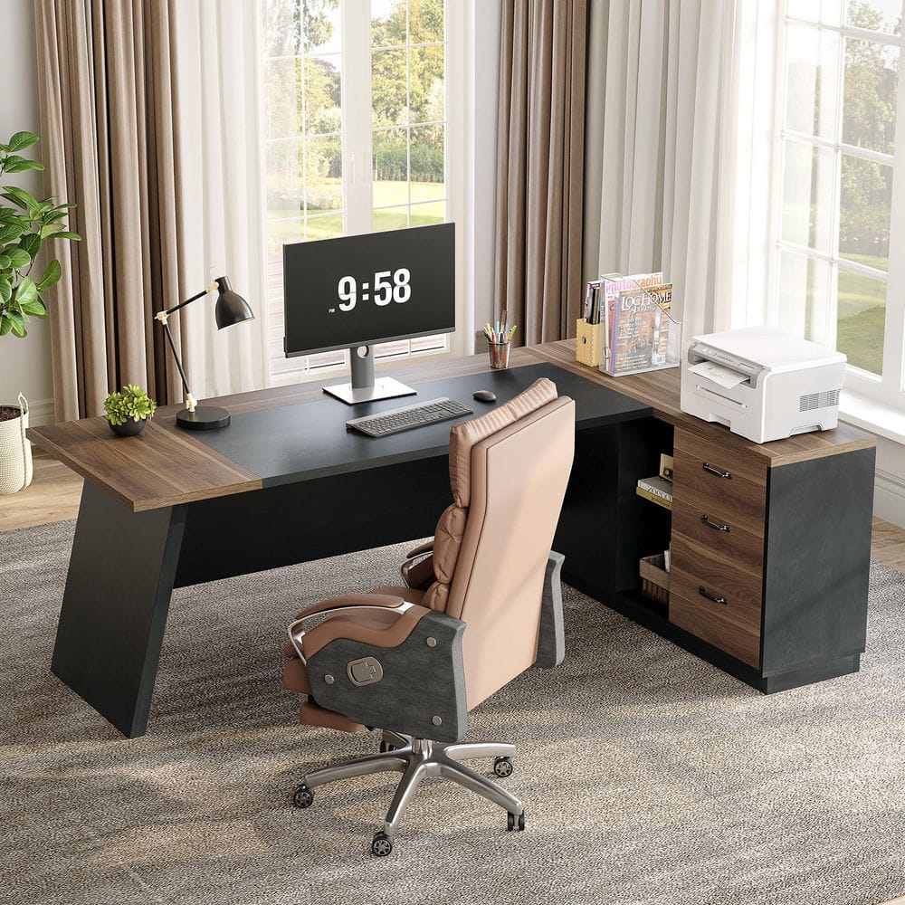 Capen 78.7 In. L Shape Brown and White Wood 2-Drawer Executive Desk Modern Computer Desk with Lateral File Cabinet