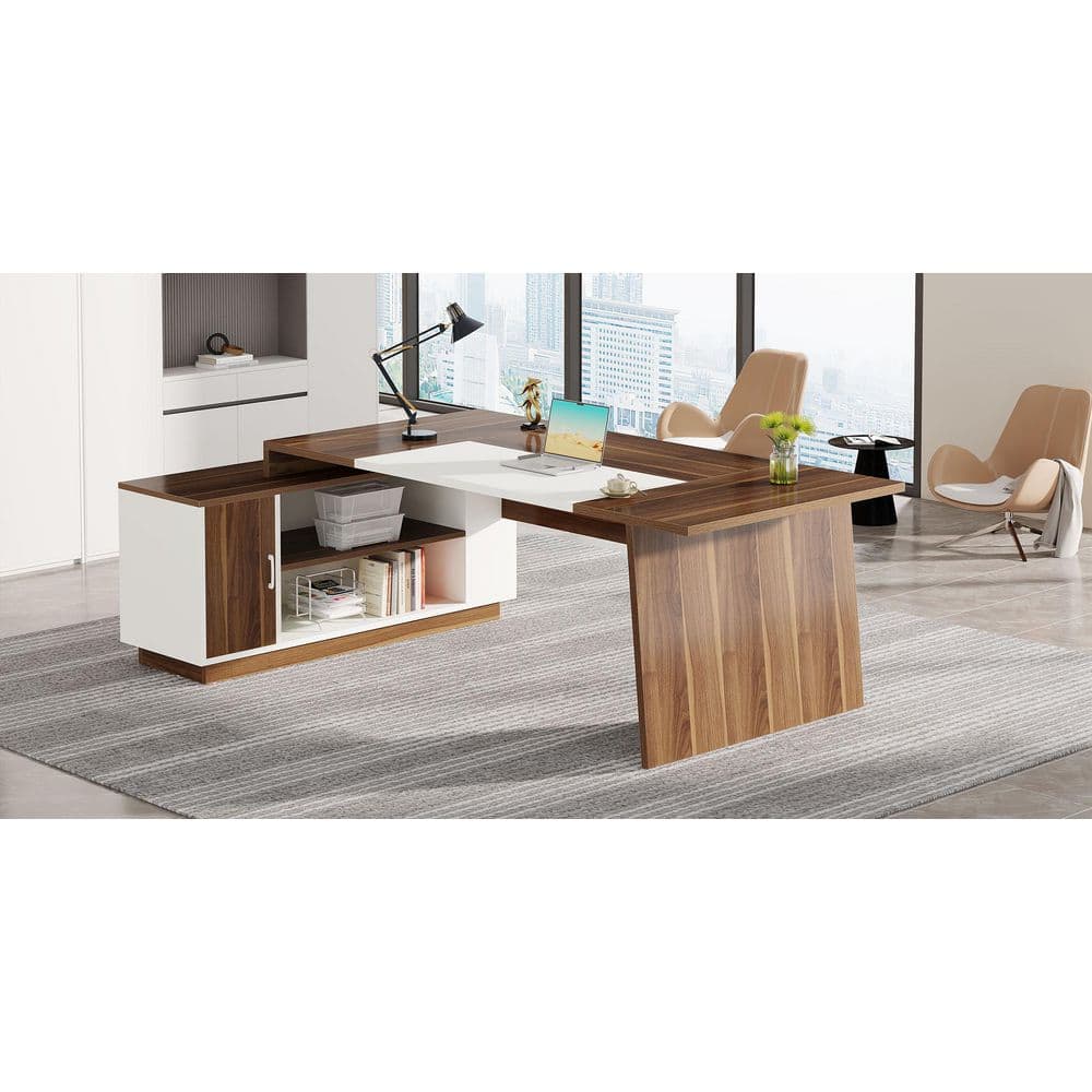 Lanit 70.5 In. L-Shaped Walnut Brown White Engineered Wood Office Computer Executive Desk Large Workstation Business Set