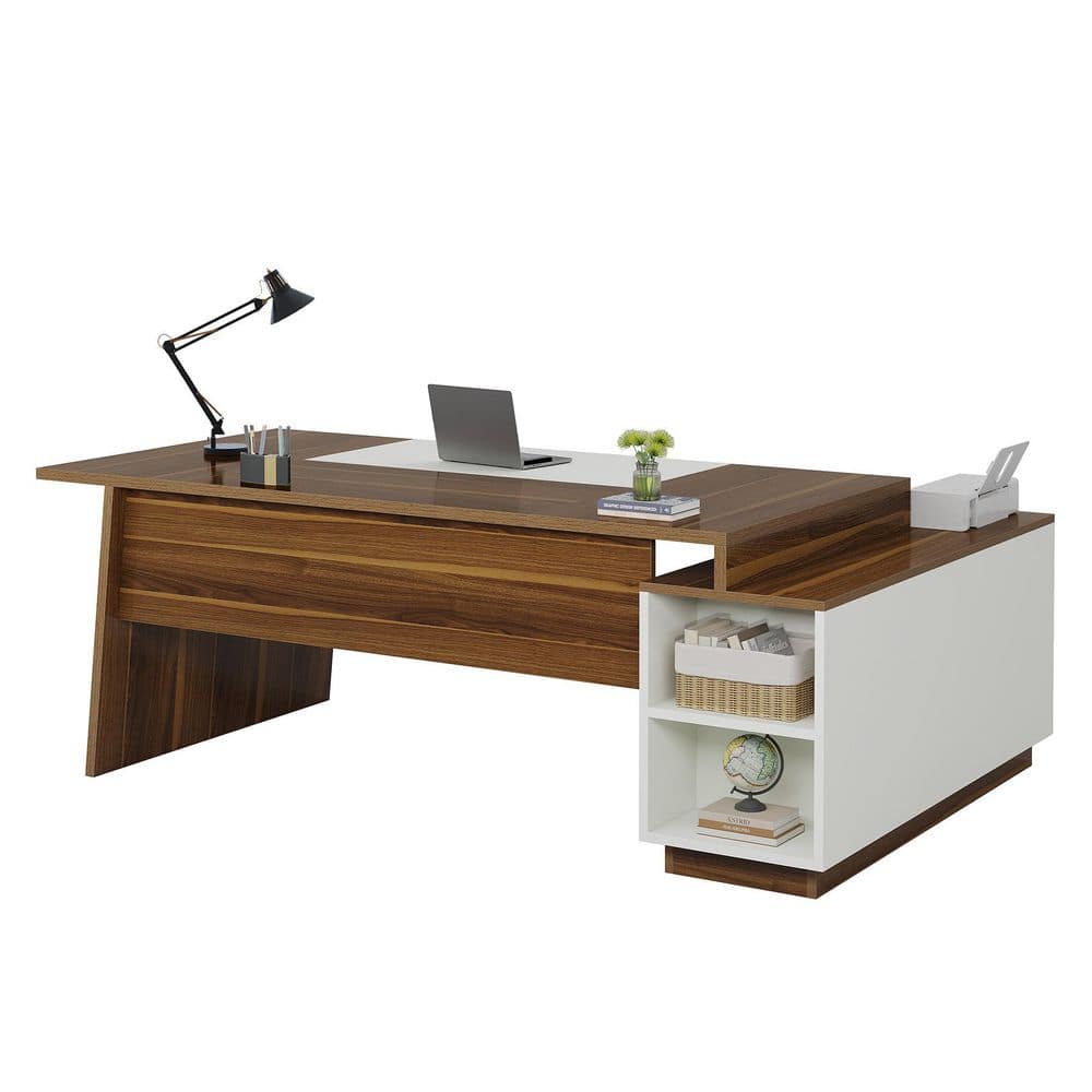 Lanit 70.5 In. L-Shaped Walnut Brown White Engineered Wood Office Computer Executive Desk Large Workstation Business Set