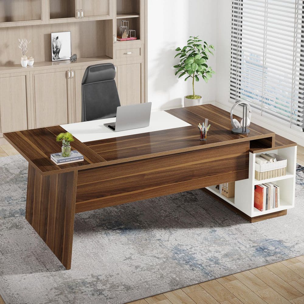 Lanit 70.5 In. L-Shaped Walnut Brown White Engineered Wood Office Computer Executive Desk Large Workstation Business Set