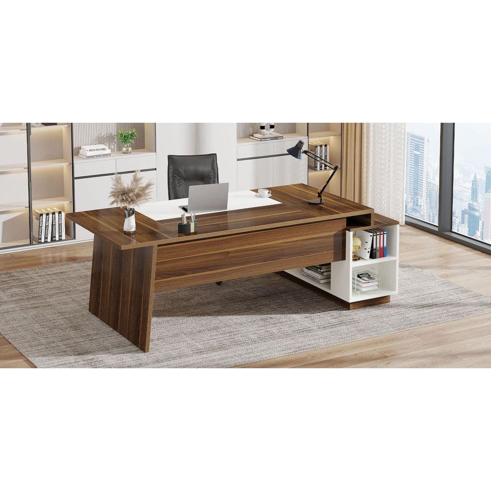 Lanit 70.5 In. L-Shaped Walnut Brown White Engineered Wood Office Computer Executive Desk Large Workstation Business Set