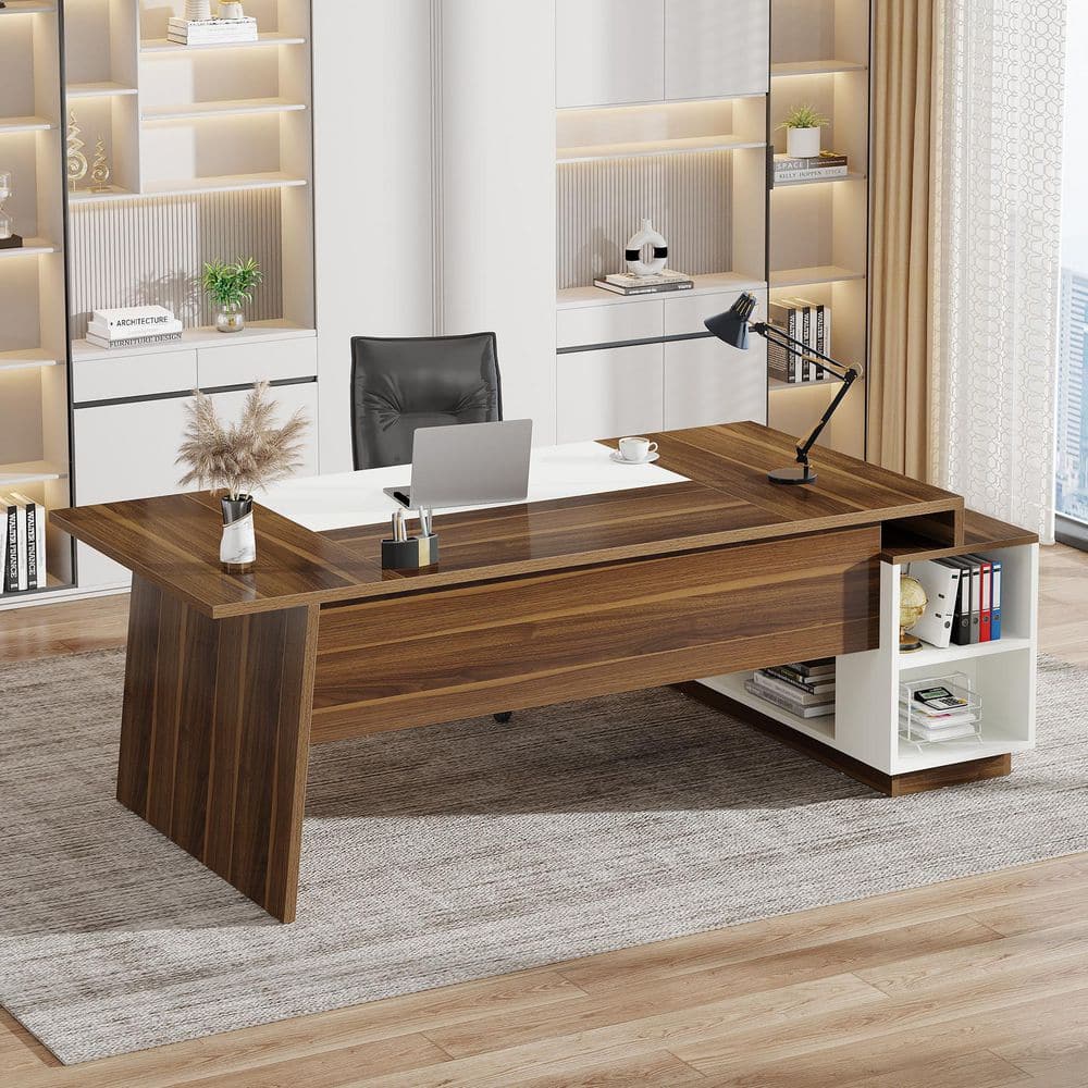 Lanit 70.5 In. L-Shaped Walnut Brown White Engineered Wood Office Computer Executive Desk Large Workstation Business Set