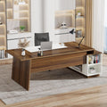 Lanit 70.5 In. L-Shaped Walnut Brown White Engineered Wood Office Computer Executive Desk Large Workstation Business Set