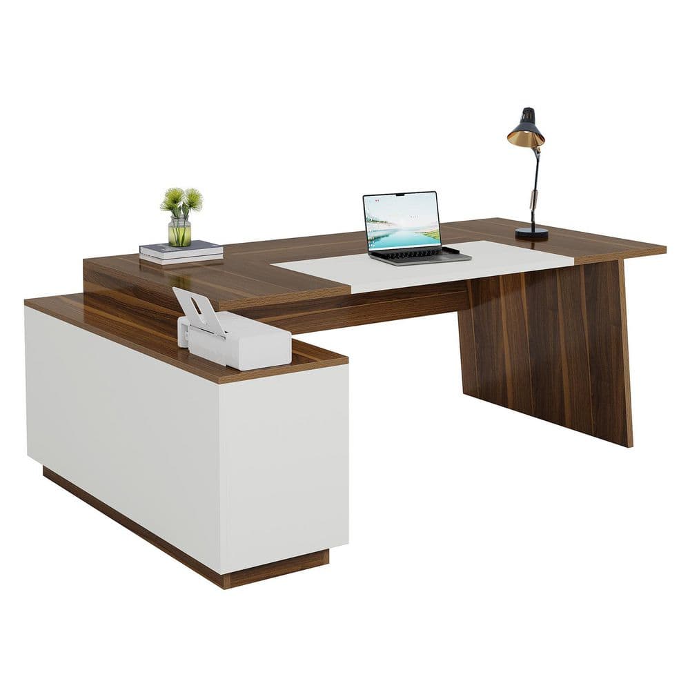 Lanit 70.5 In. L-Shaped Walnut Brown White Engineered Wood Office Computer Executive Desk Large Workstation Business Set