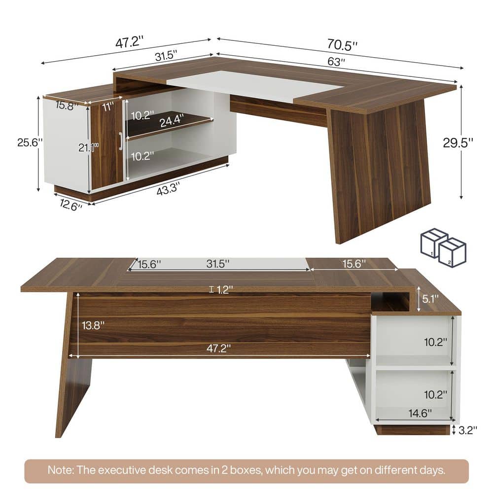 Lanit 70.5 In. L-Shaped Walnut Brown White Engineered Wood Office Computer Executive Desk Large Workstation Business Set