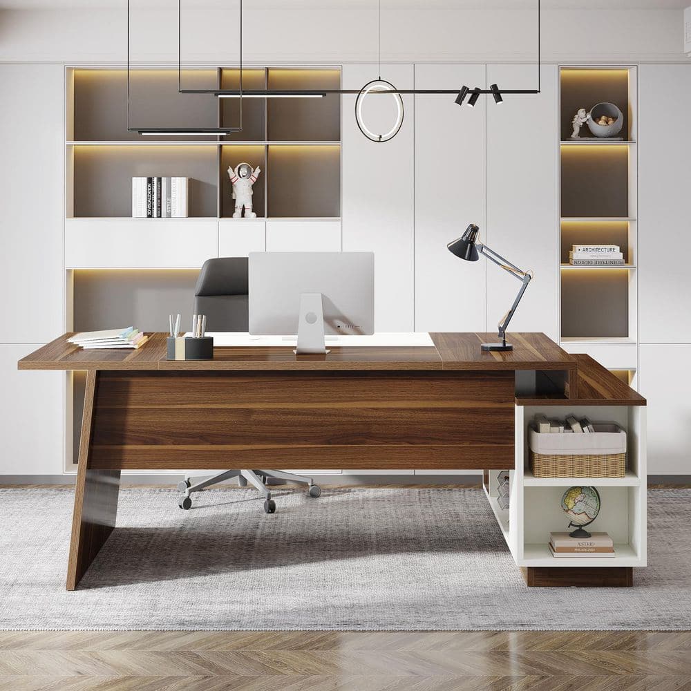 Lanit 70.5 In. L-Shaped Walnut Brown White Engineered Wood Office Computer Executive Desk Large Workstation Business Set