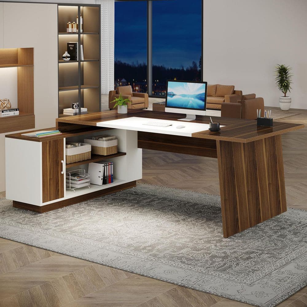 Lanit 70.5 In. L-Shaped Walnut Brown White Engineered Wood Office Computer Executive Desk Large Workstation Business Set