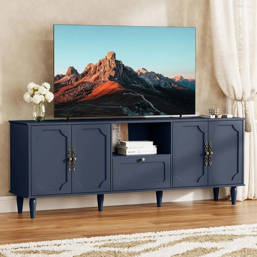 67" Vintage TV Stand for 75–80 Inch TVs, Blue Wooden Entertainment Center with Storage & Adjustable Shelves