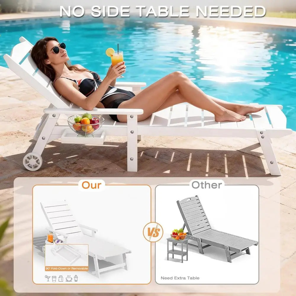 2-Piece Outdoor Pool Lounge Chair Set with Adjustable Backrest & Side Tray – White