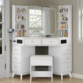 White Makeup Vanity Desk with Built-In Speaker, 8 Drawers, Glass Top & 3-Color LED Lighting