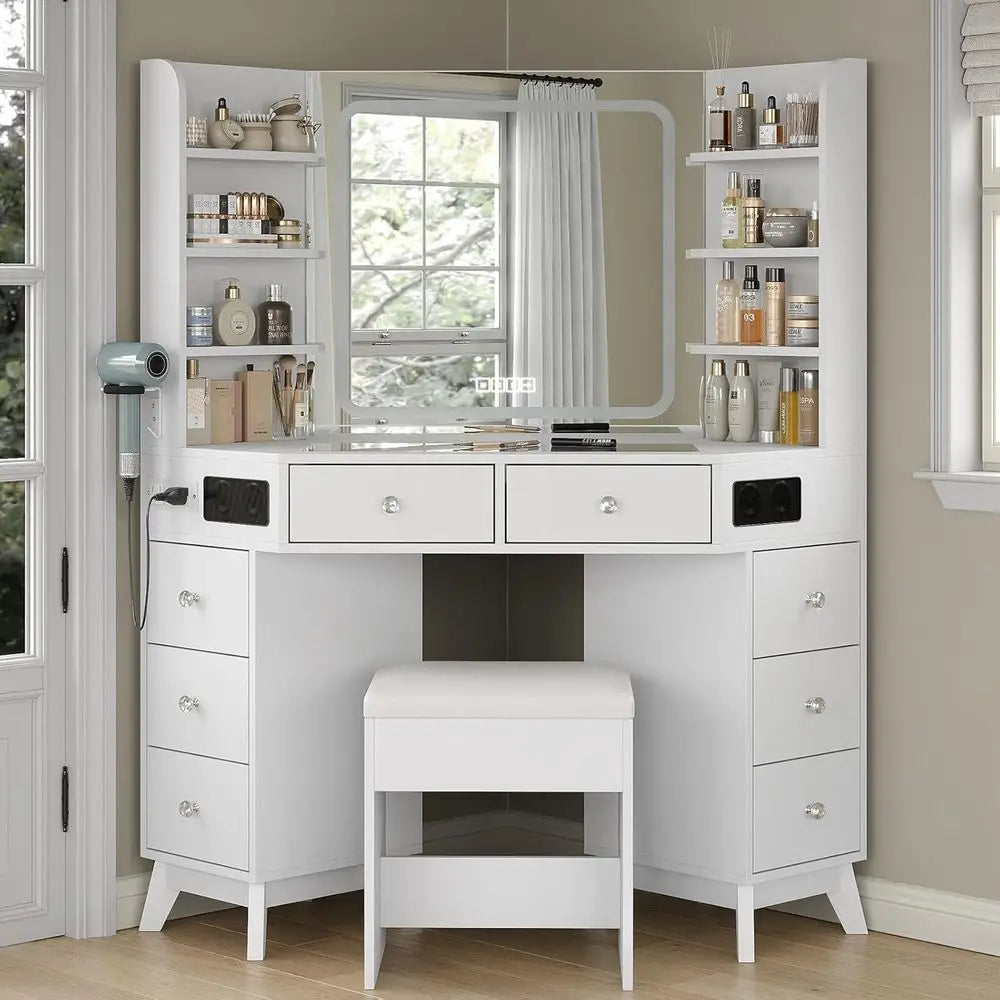 White Makeup Vanity Desk with Built-In Speaker, 8 Drawers, Glass Top & 3-Color LED Lighting