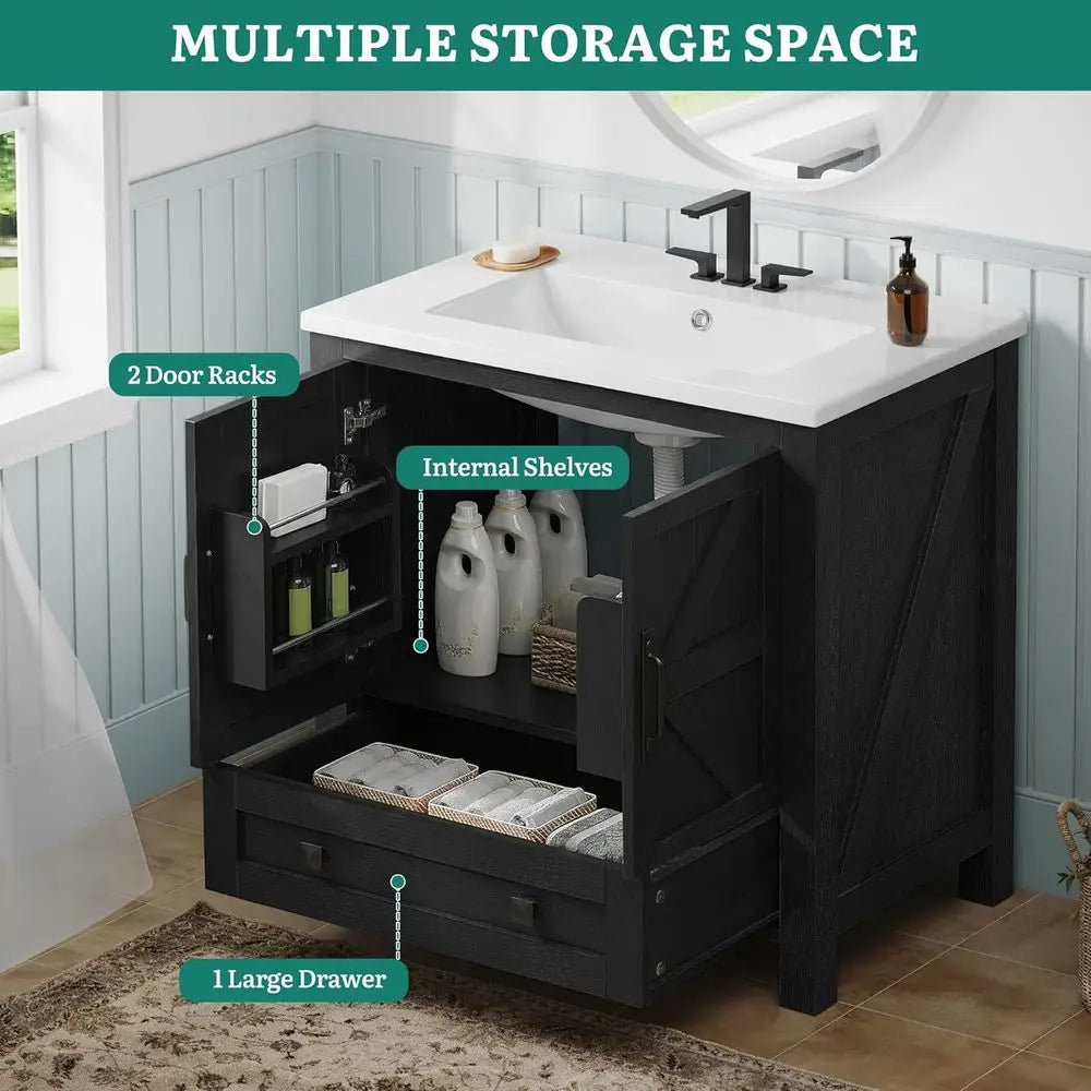 30-Inch Space-Saving Bathroom Vanity with Sink – Black Barn Door Storage Cabinet with Large Drawer & Built-In Door Racks
