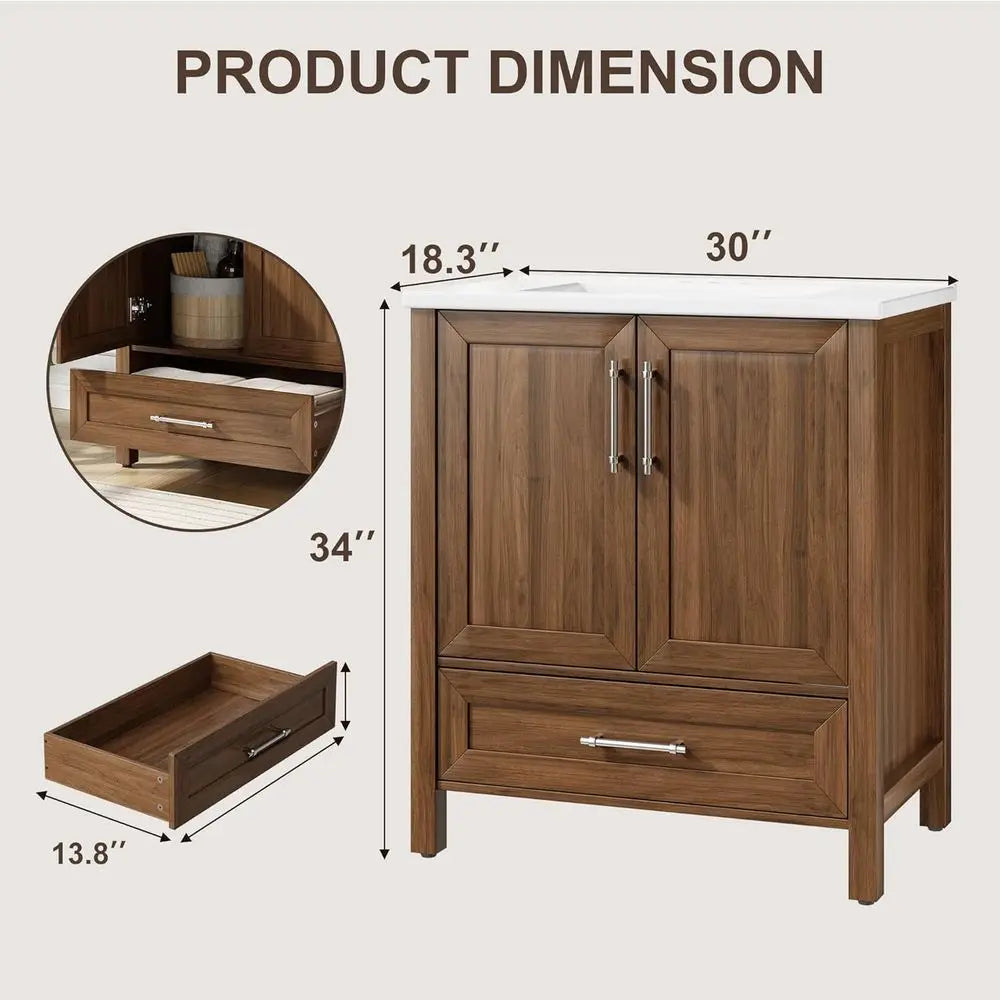 30-Inch Walnut Freestanding Bathroom Vanity with Sink – Wooden Vanity Cabinet with Soft-Close Doors & Drawer for Small Spaces