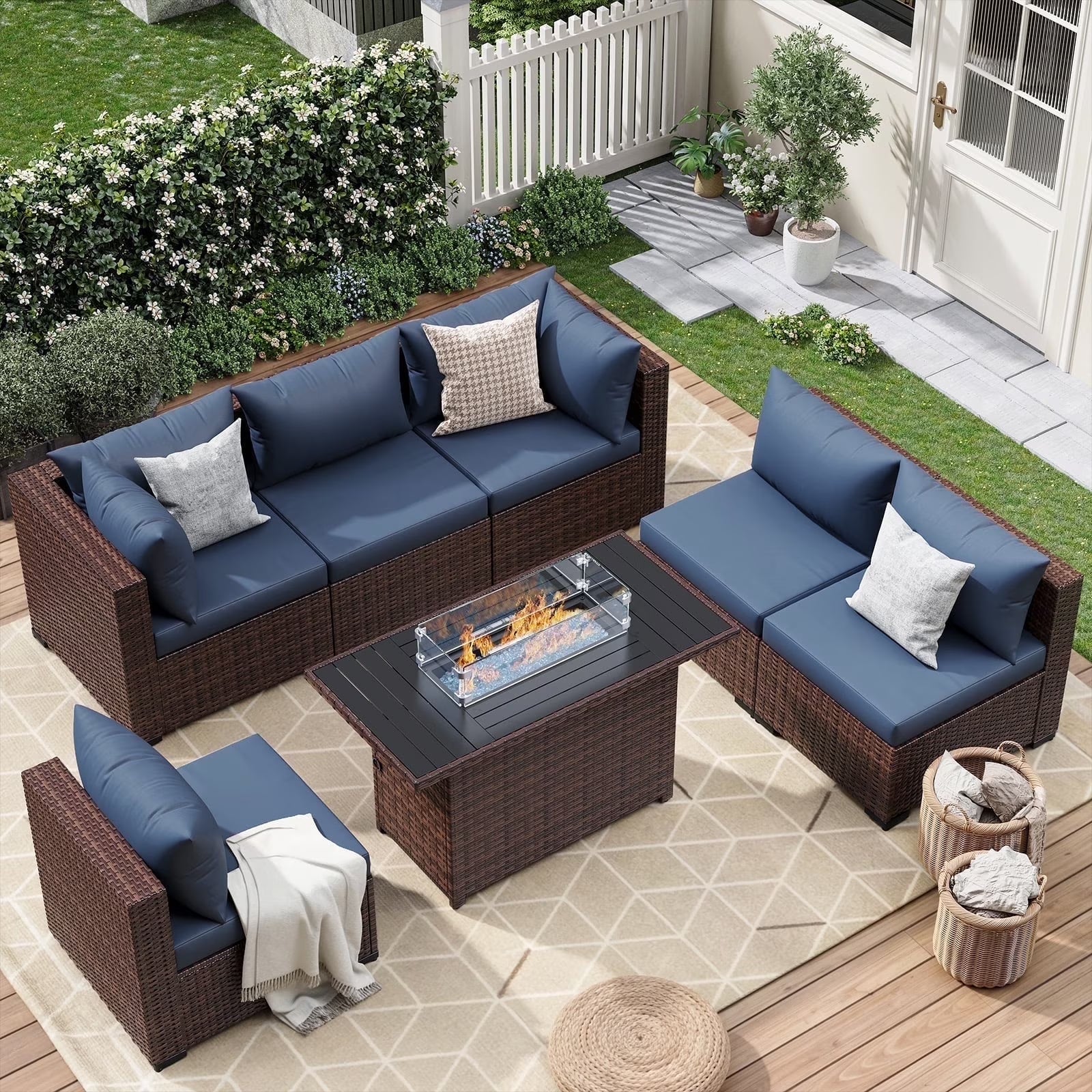 7 Pieces Patio Furniture Set All Weather Outdoor Sectional Sofa, Outdoor Modern Sectional Furniture Wicker Couch with Glass Coffee Table, Thicken Navy Blue Cushions, Water Resistant