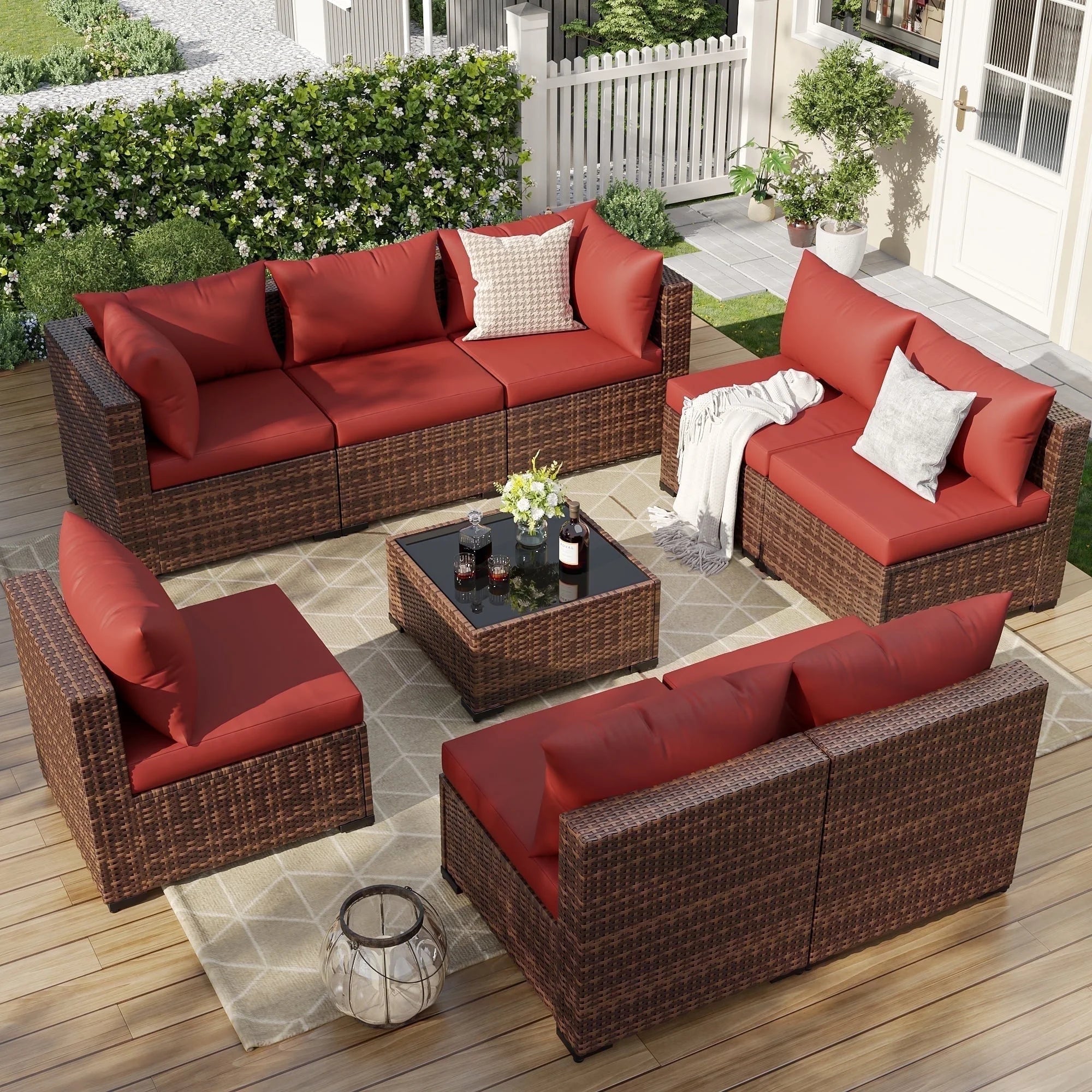 7 Pieces Patio Furniture Set All Weather Outdoor Sectional Sofa, Outdoor Modern Sectional Furniture Wicker Couch with Glass Coffee Table, Thicken Navy Blue Cushions, Water Resistant