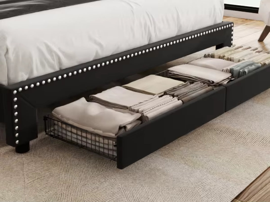 Modern Queen Size Tufted Headboard Platform Bed Frame with Wooden Storage Drawers – Soft Chenille Upholstered Bed