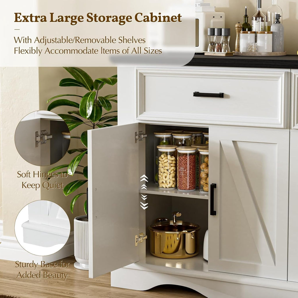 Buffet Cabinet with Drawers, 56" Large Sideboard Buffet Storage Cabinet with Shelves and Doors, Wave Base Design, Multi-Purpose Buffet Table with Charging Station for Living Room,Dining Room,White