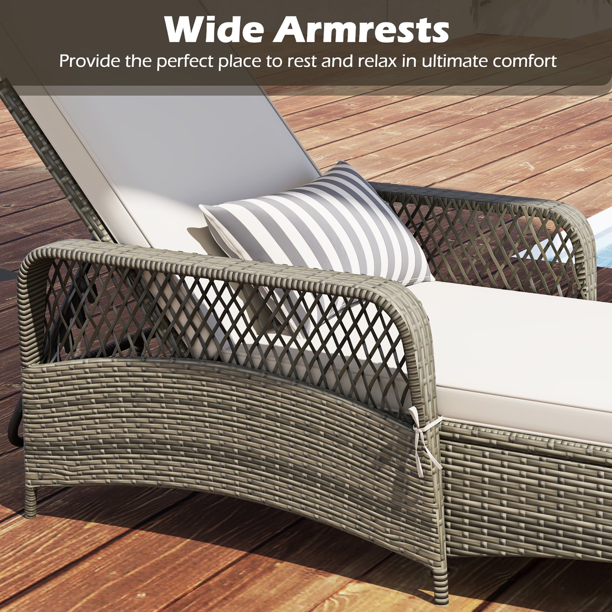 PE Wicker Chaise Lounge Chair 6-Position Adjustable Patio Recliner W/ Soft Cushions