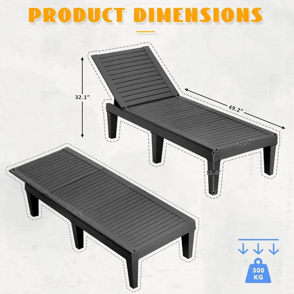 Set of 4 Outdoor Patio Lounge Chairs – Adjustable Waterproof Poolside Chaise Lounges, Striped Black