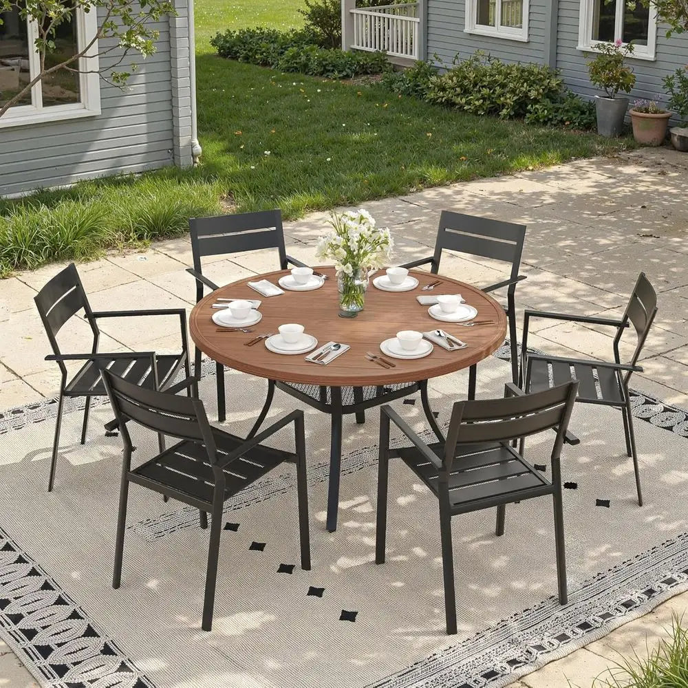 Round 6-Seater Outdoor Metal Patio Dining Table with Umbrella Hole, Walnut Finish
