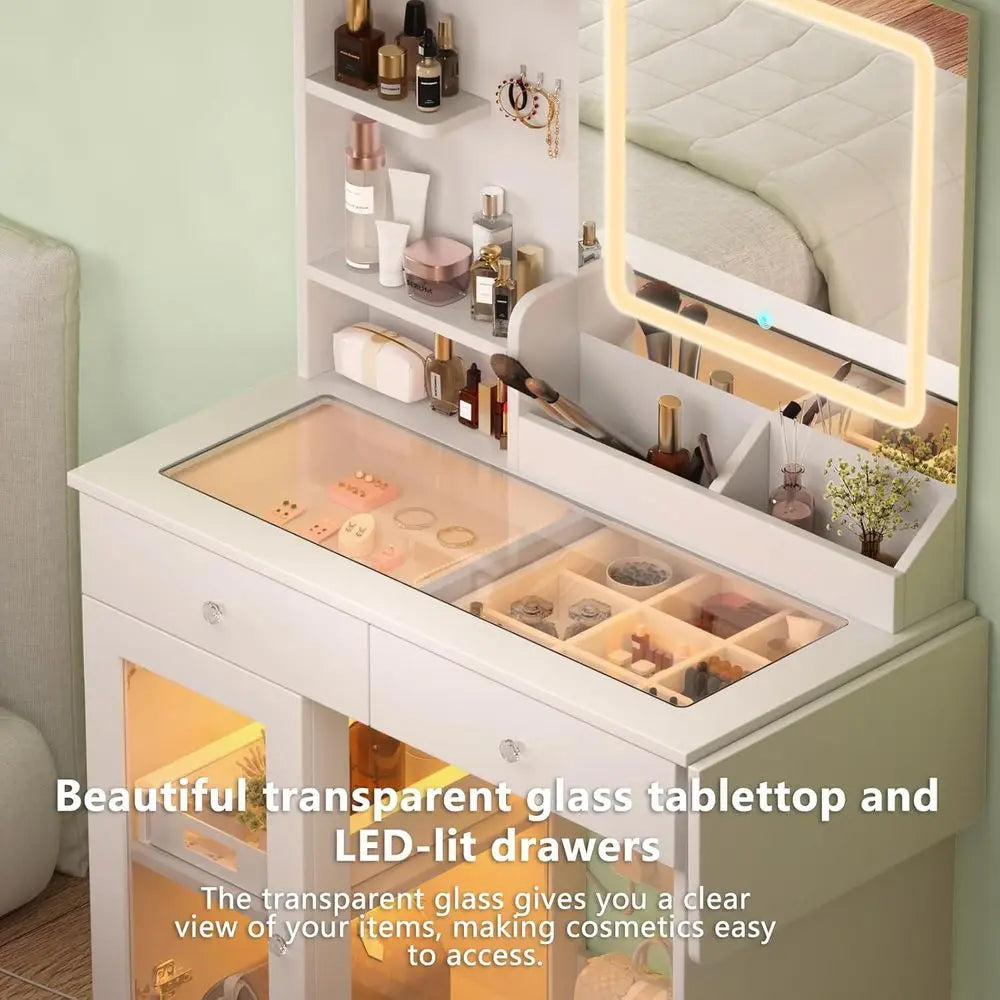 LED Lighted Makeup Vanity with Sliding Mirror, Charging Station & RGB Cabinets – White