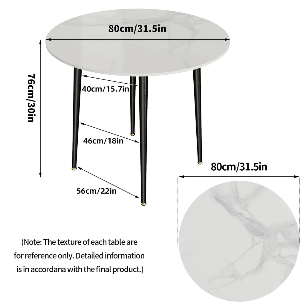 32" Sintered Stone Dining Table round Reception Coffee Table for 2-4 Person - Small Kitchen Table with Black Metal Legs