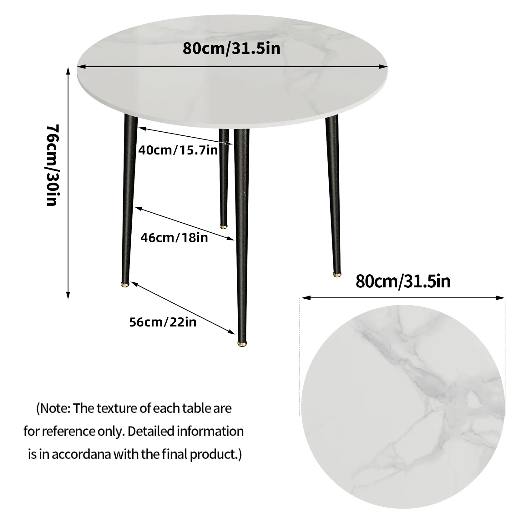 32" Sintered Stone Dining Table round Reception Coffee Table for 2-4 Person - Small Kitchen Table with Black Metal Legs
