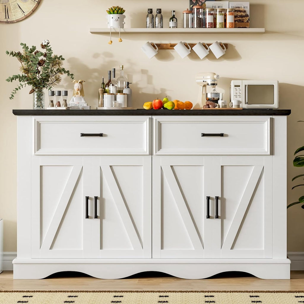 Buffet Cabinet with Drawers, 56" Large Sideboard Buffet Storage Cabinet with Shelves and Doors, Wave Base Design, Multi-Purpose Buffet Table with Charging Station for Living Room,Dining Room,White