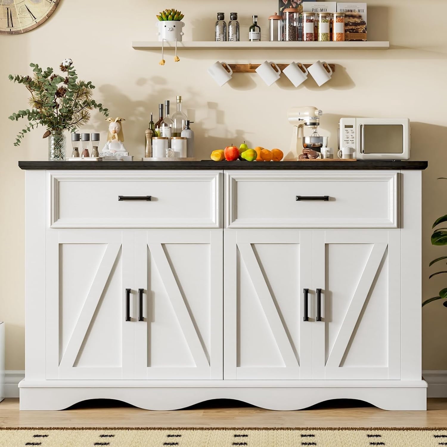 Buffet Cabinet with Drawers, 56" Large Sideboard Buffet Storage Cabinet with Shelves and Doors, Wave Base Design, Multi-Purpose Buffet Table with Charging Station for Living Room,Dining Room,White