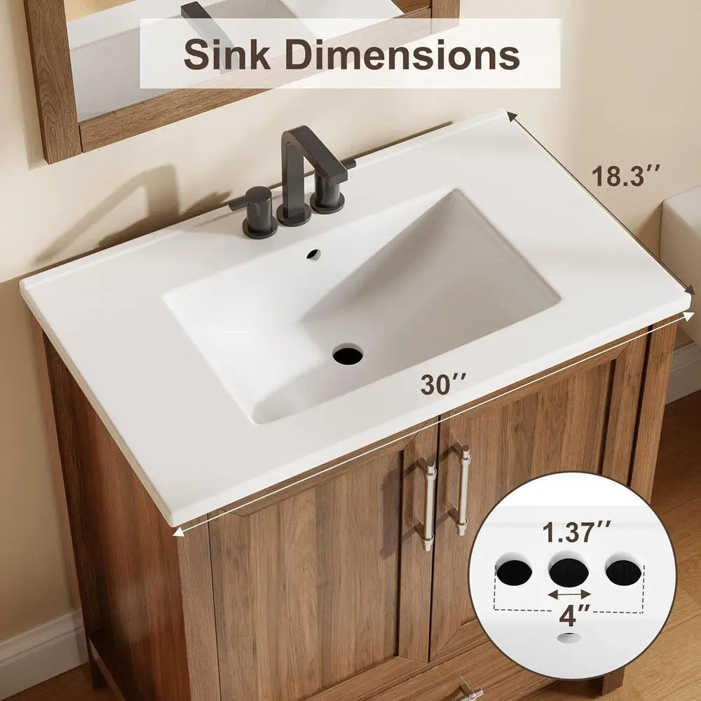 30-Inch Walnut Freestanding Bathroom Vanity with Sink – Wooden Vanity Cabinet with Soft-Close Doors & Drawer for Small Spaces