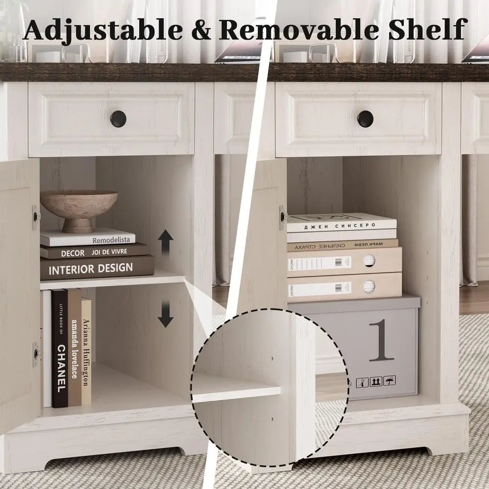 59" Executive Desk with Drawers, Lockable File Cabinet & Power Outlet – Warm White