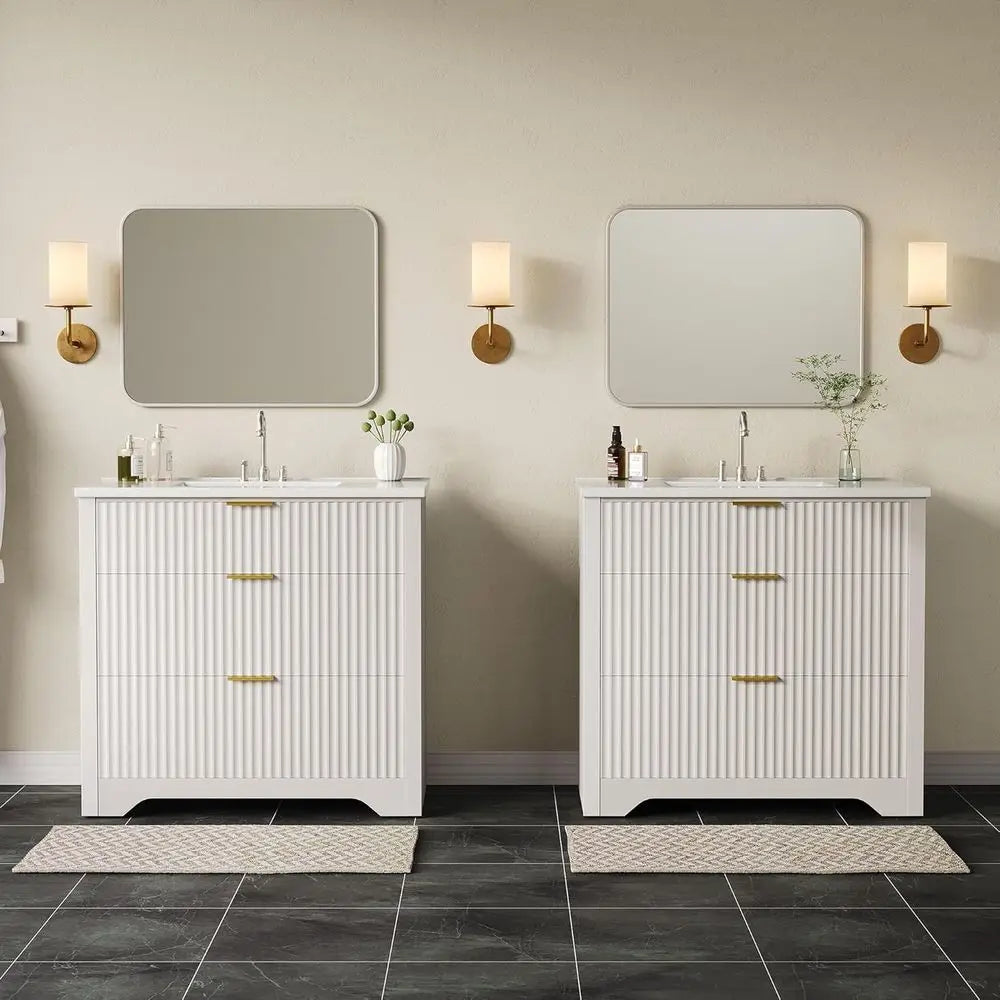 36-Inch Freestanding Bathroom Vanity with Sink – White Vanity with 2 Drawers & Drop-Down Drawer