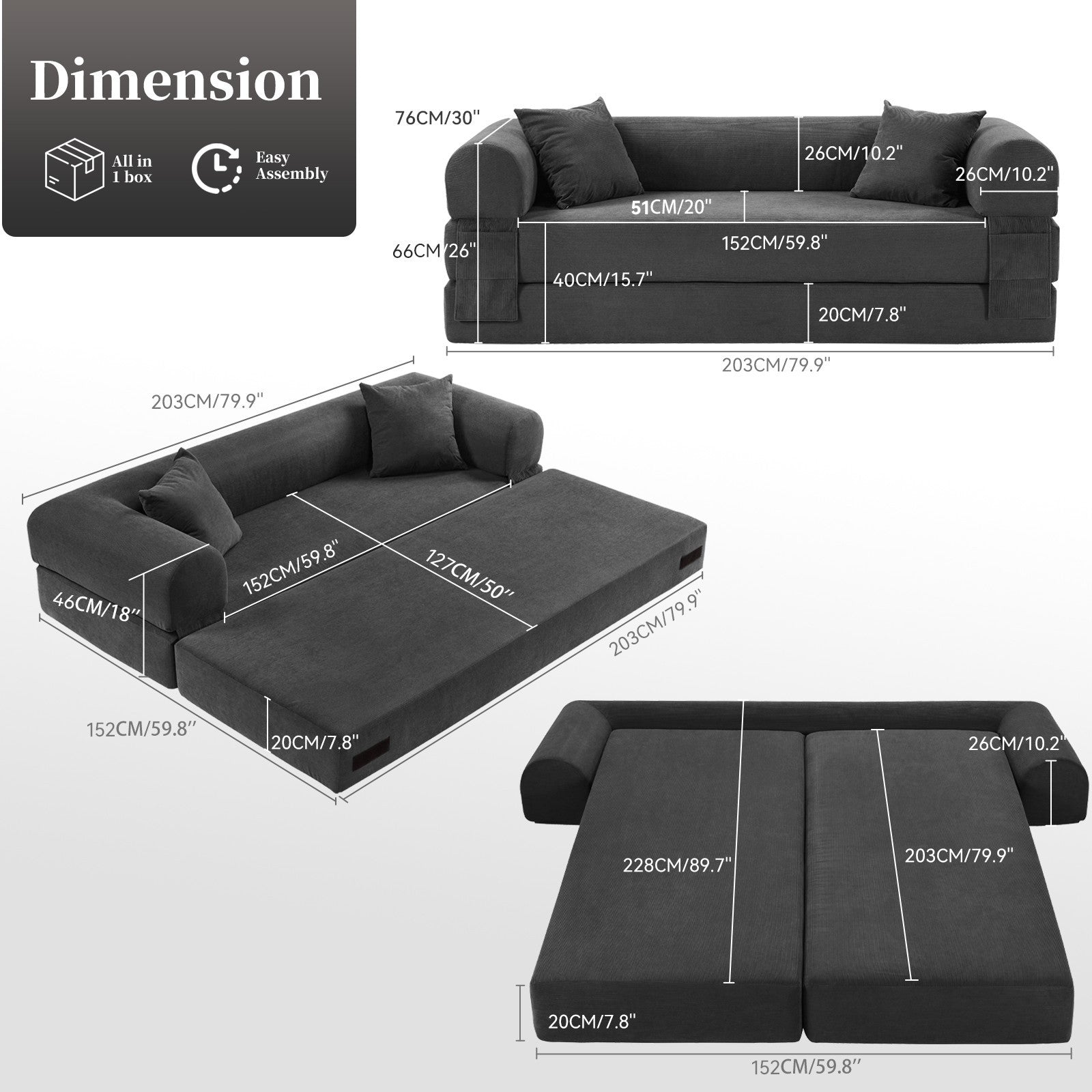 80" Queen Convertible Sofa Bed, No Assembly Modern Boneless Couch Sofa in Box