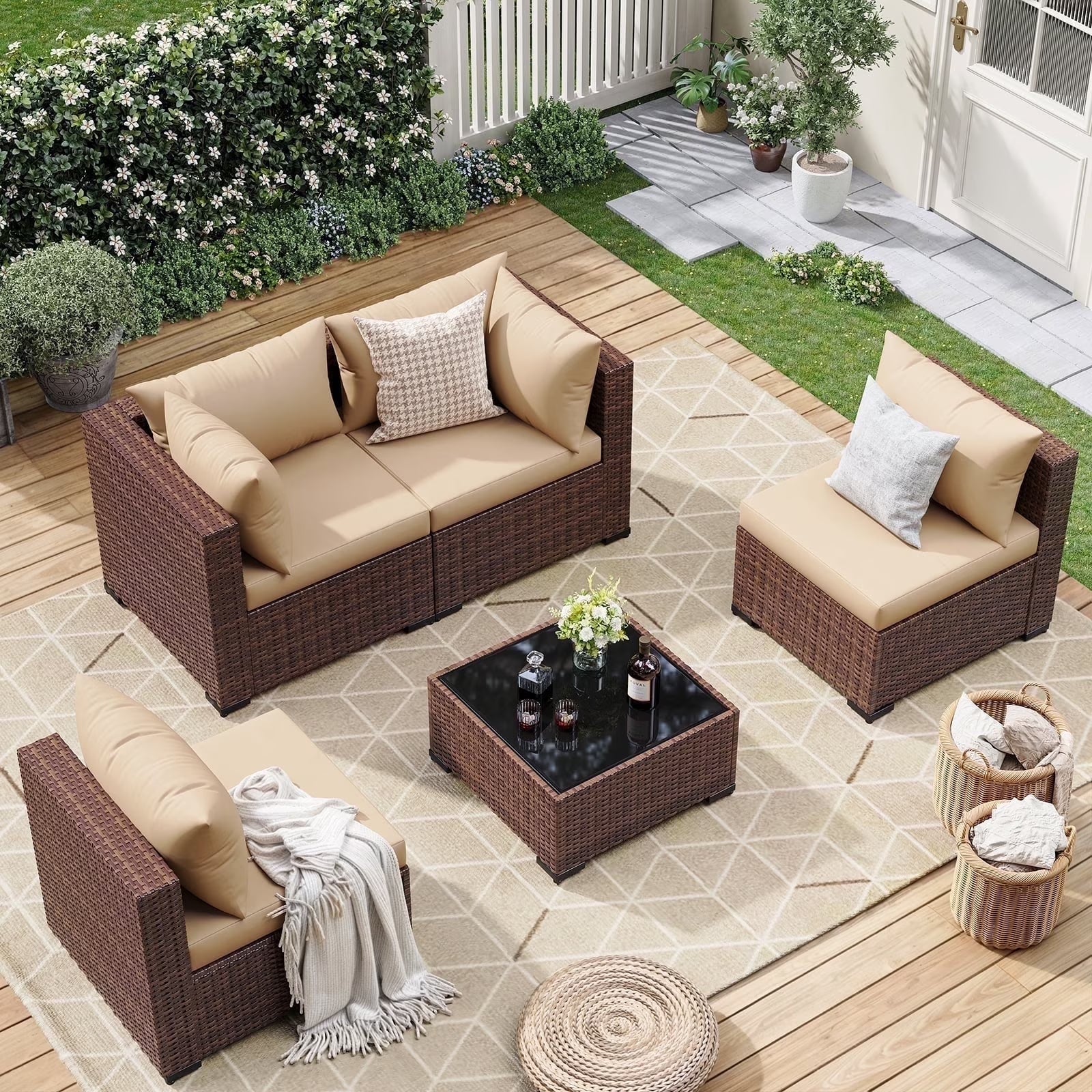 7 Pieces Patio Furniture Set All Weather Outdoor Sectional Sofa, Outdoor Modern Sectional Furniture Wicker Couch with Glass Coffee Table, Thicken Navy Blue Cushions, Water Resistant