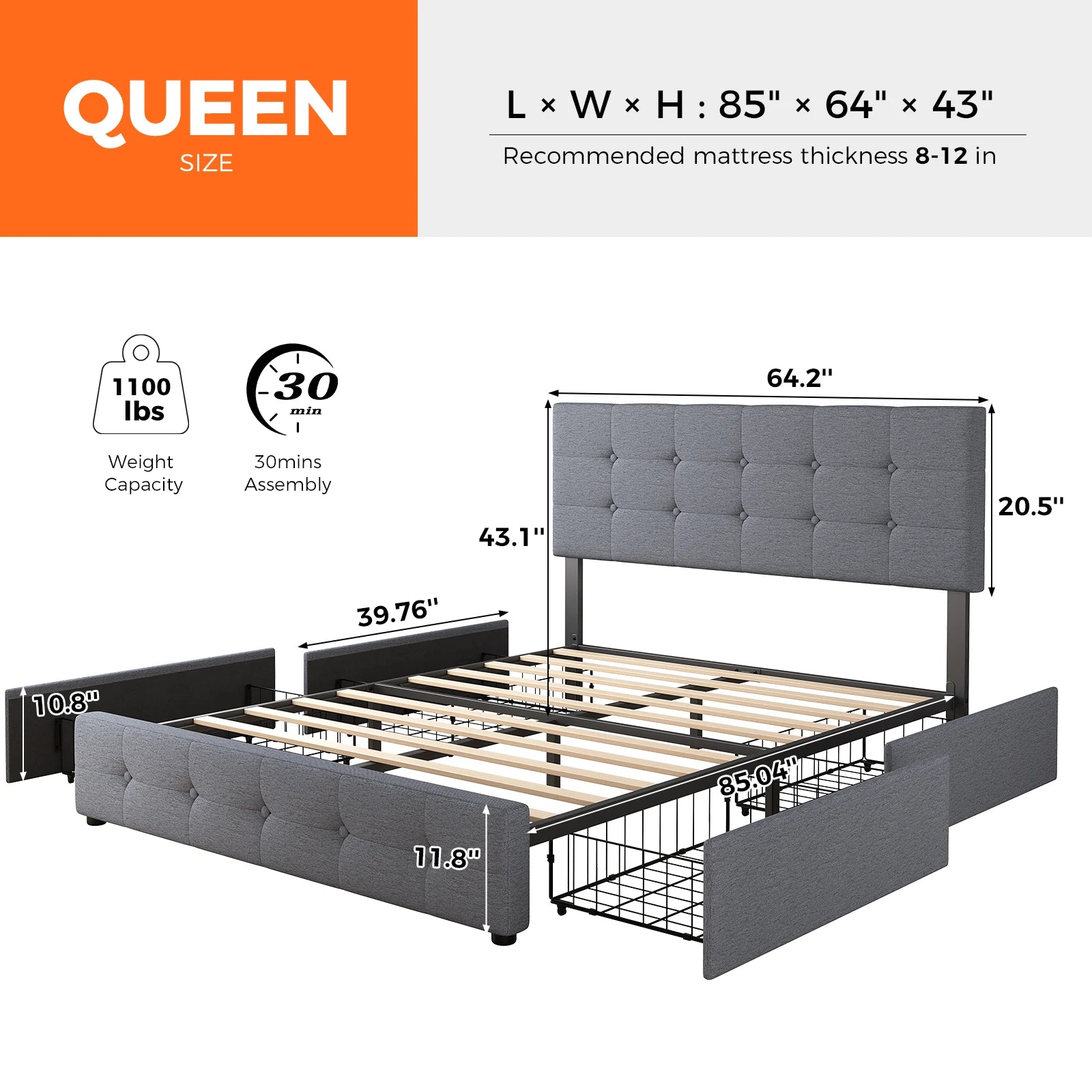 Queen - Full Size Upholstered Platform Bed Frame with Adjustable Headboard – Noise-Free Metal Support