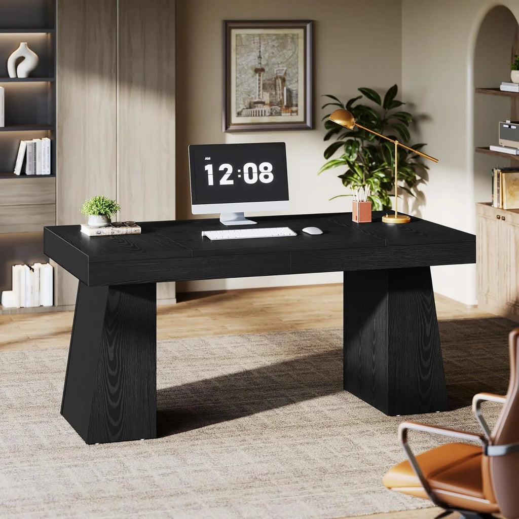 Large Wood Executive Desk, 55" Rectangle Office Desk with Double Pedestal, Modern Minimalist Computer Desk Workstations Conference Table Furniture for Home Office(Black)
