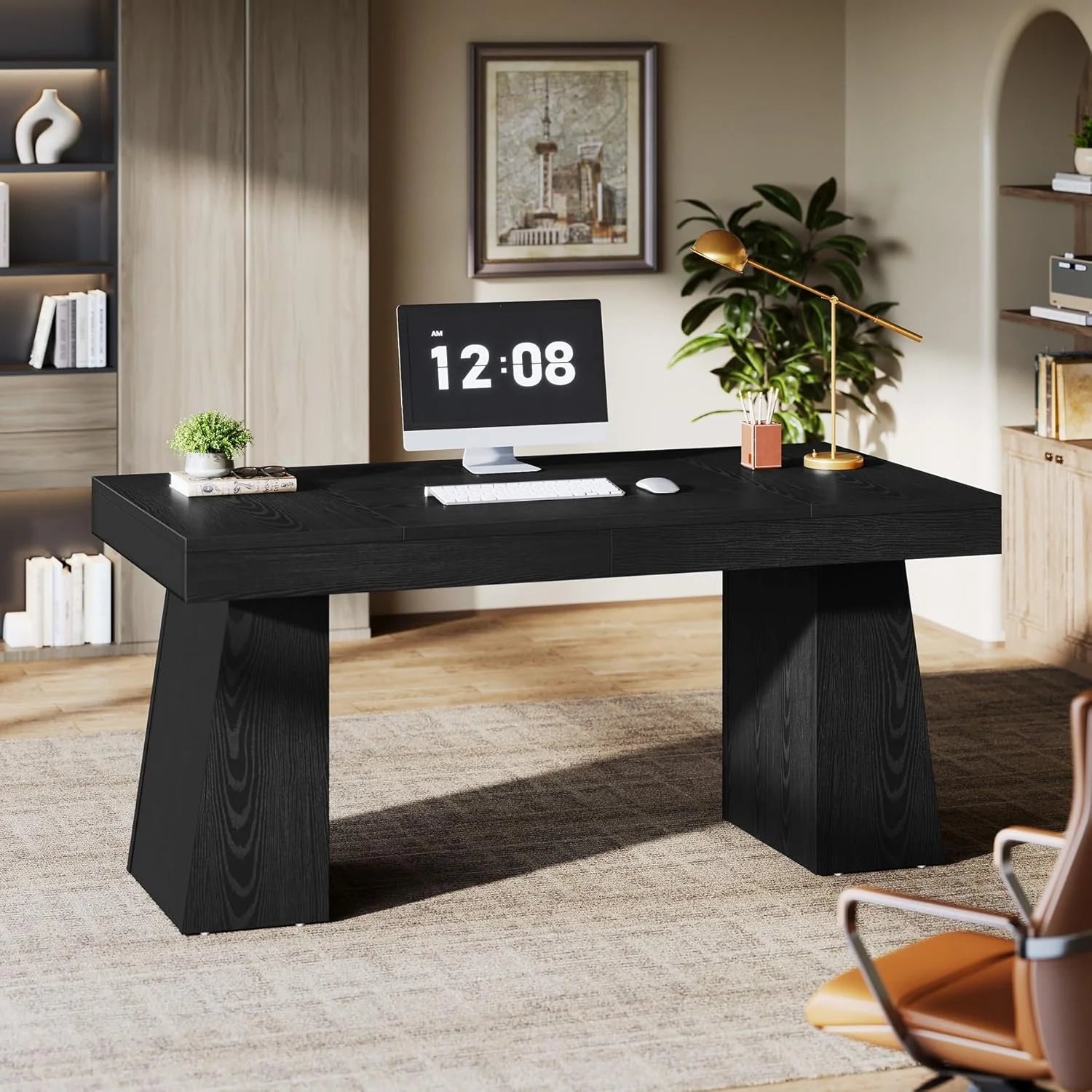 Large Wood Executive Desk, 55" Rectangle Office Desk with Double Pedestal, Modern Minimalist Computer Desk Workstations Conference Table Furniture for Home Office(Black)