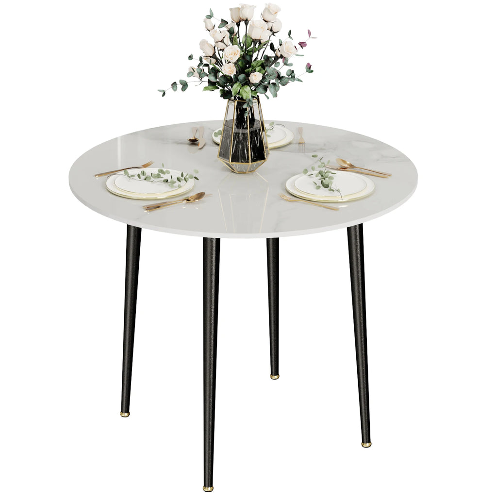 32" Sintered Stone Dining Table round Reception Coffee Table for 2-4 Person - Small Kitchen Table with Black Metal Legs