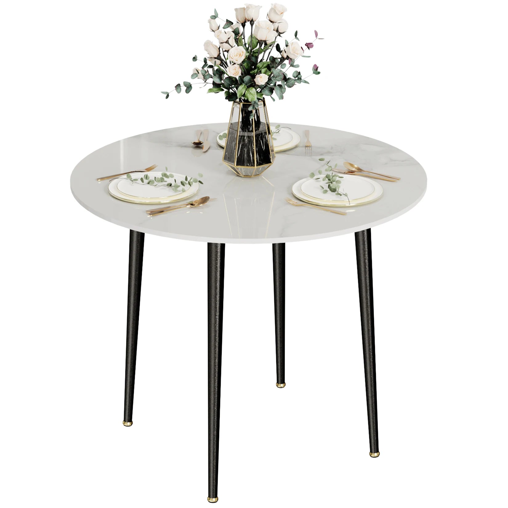 32" Sintered Stone Dining Table round Reception Coffee Table for 2-4 Person - Small Kitchen Table with Black Metal Legs