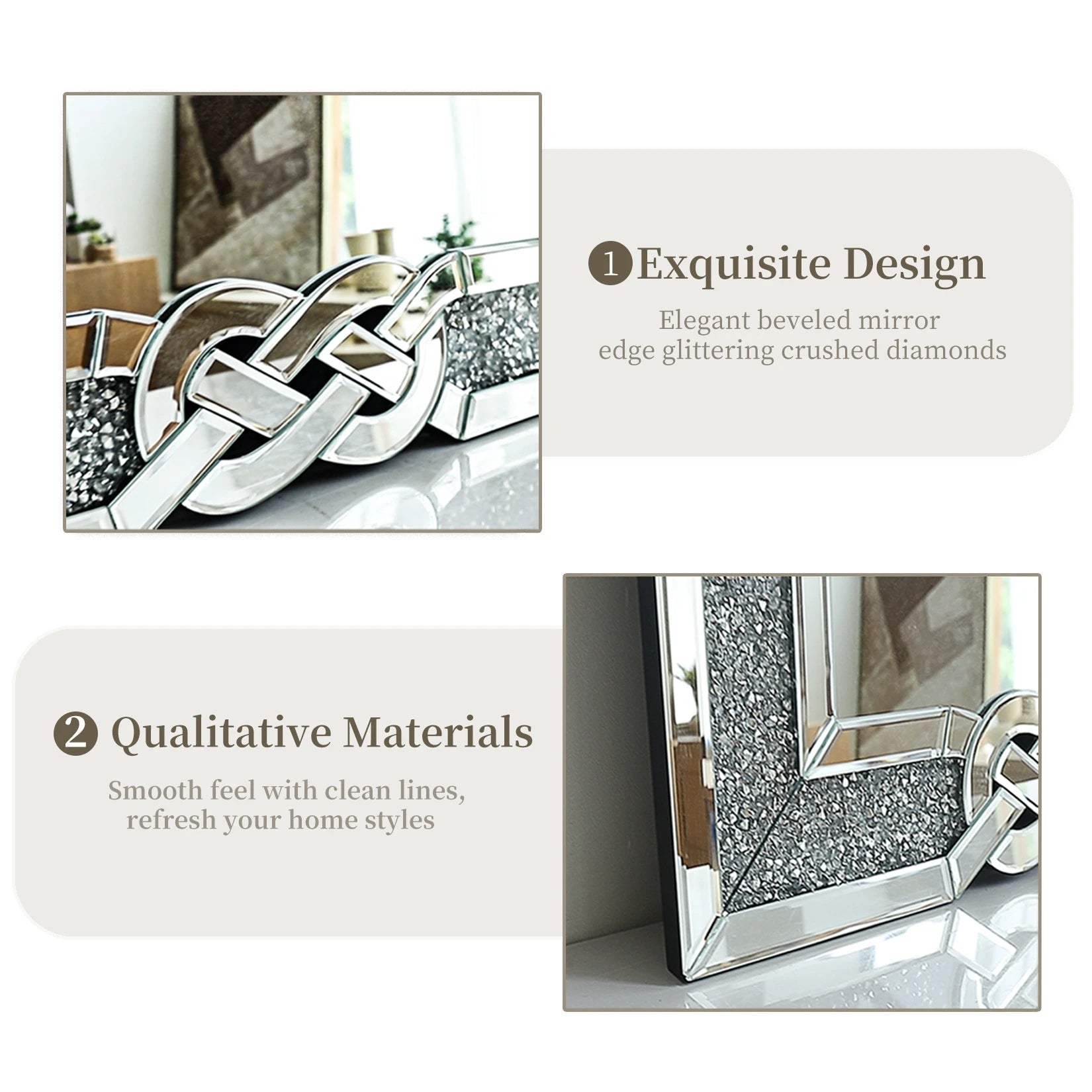 Crushed Diamond Wall Mirror Rectangular Glass Silver Vanity with Decorative Glam Bling Crystal Frame Edge